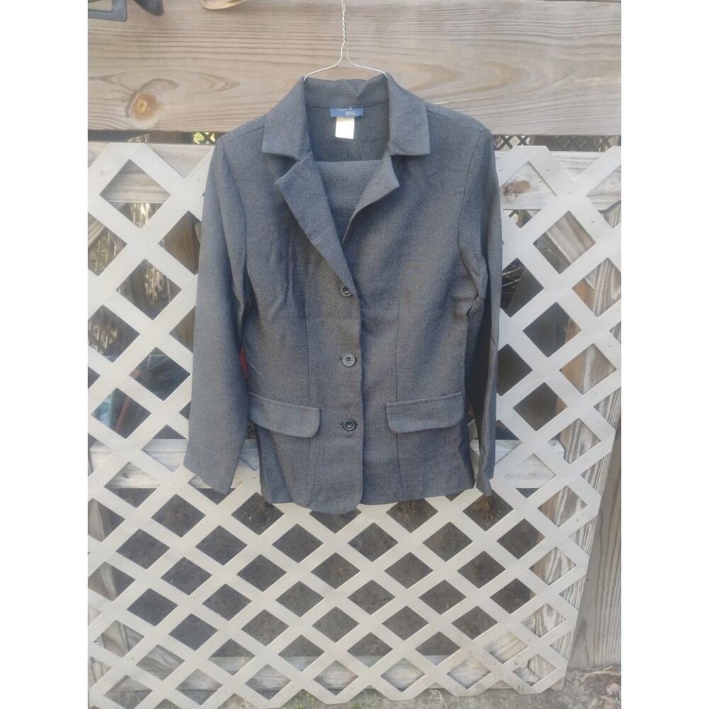 AHA Women’s 2 Piece Skirt Suit Set Size 7 Gray Herringbone Tweed 3-Button Blazer